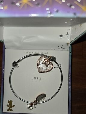 Stainless Steel Heart Charm Bangle Bracelet - Silver with Rose Gold Heart